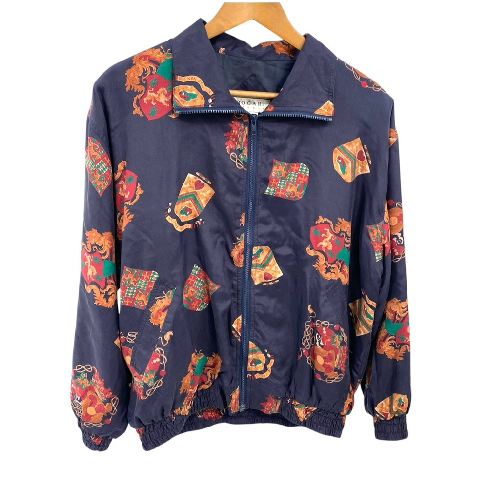 Vintage Bogari Studio Silk‎ Bomber Jacket Women’s Size Medium 80s 90s Navy Blue